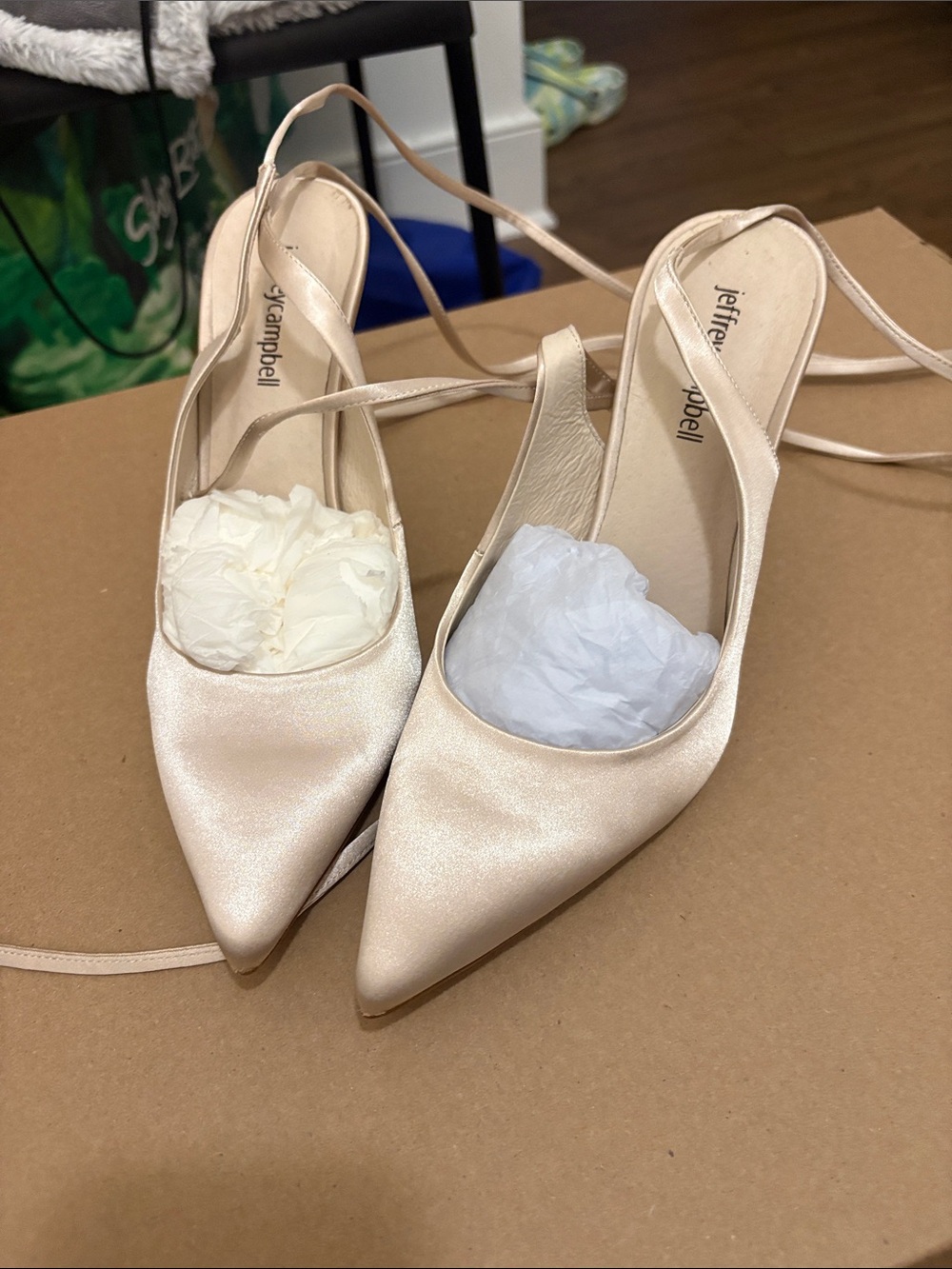 Jeffrey Campbell Satin Pointed-Toe  Strappy tie Slingback Heels in Ivory Cream